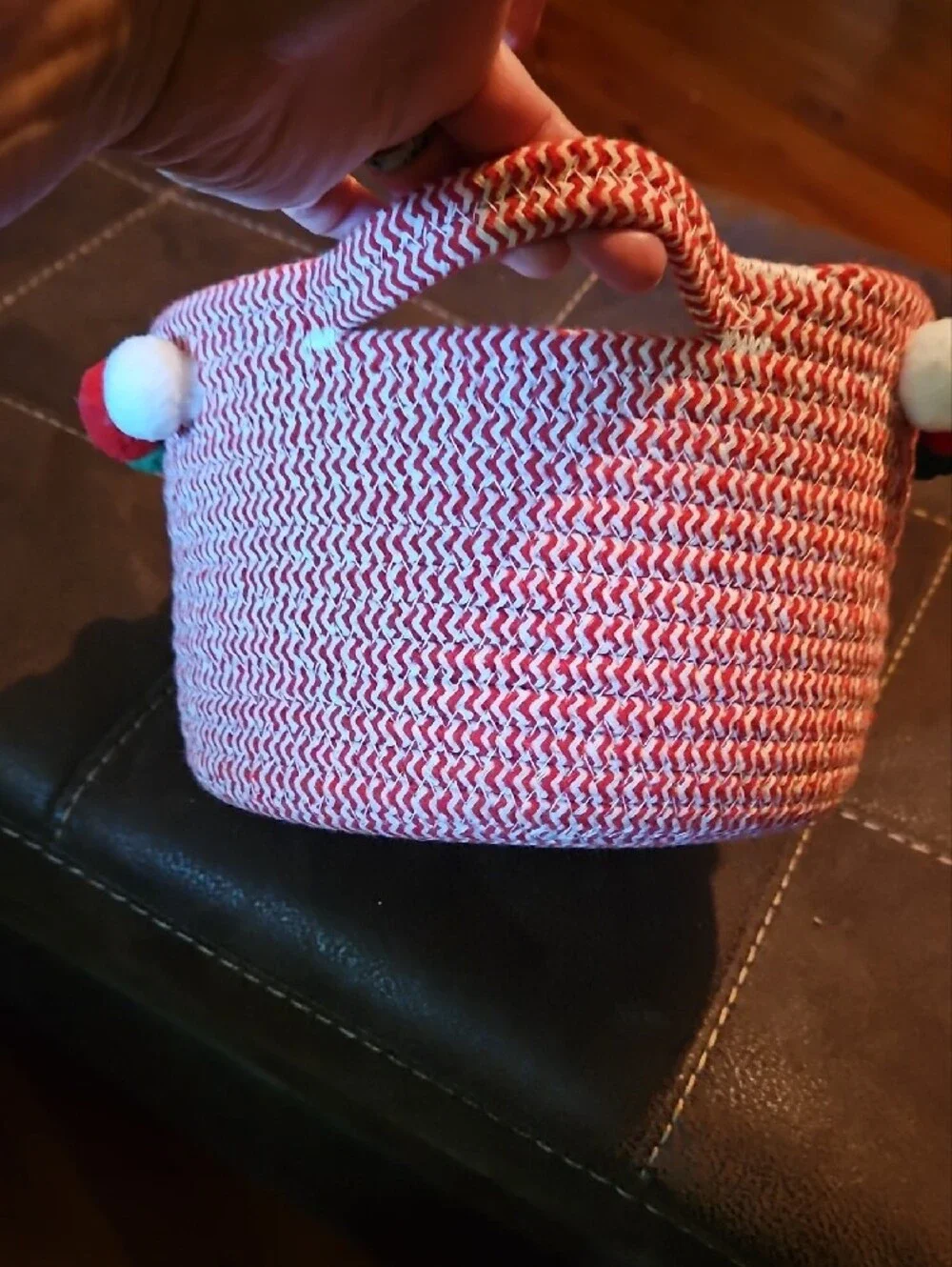 Red Woven Rope Basket with Pom-Pom Trim